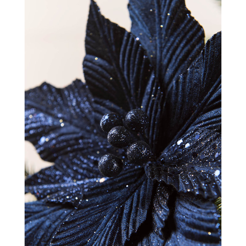 Navy Glitter Artificial Poinsettia, 26cm, Black