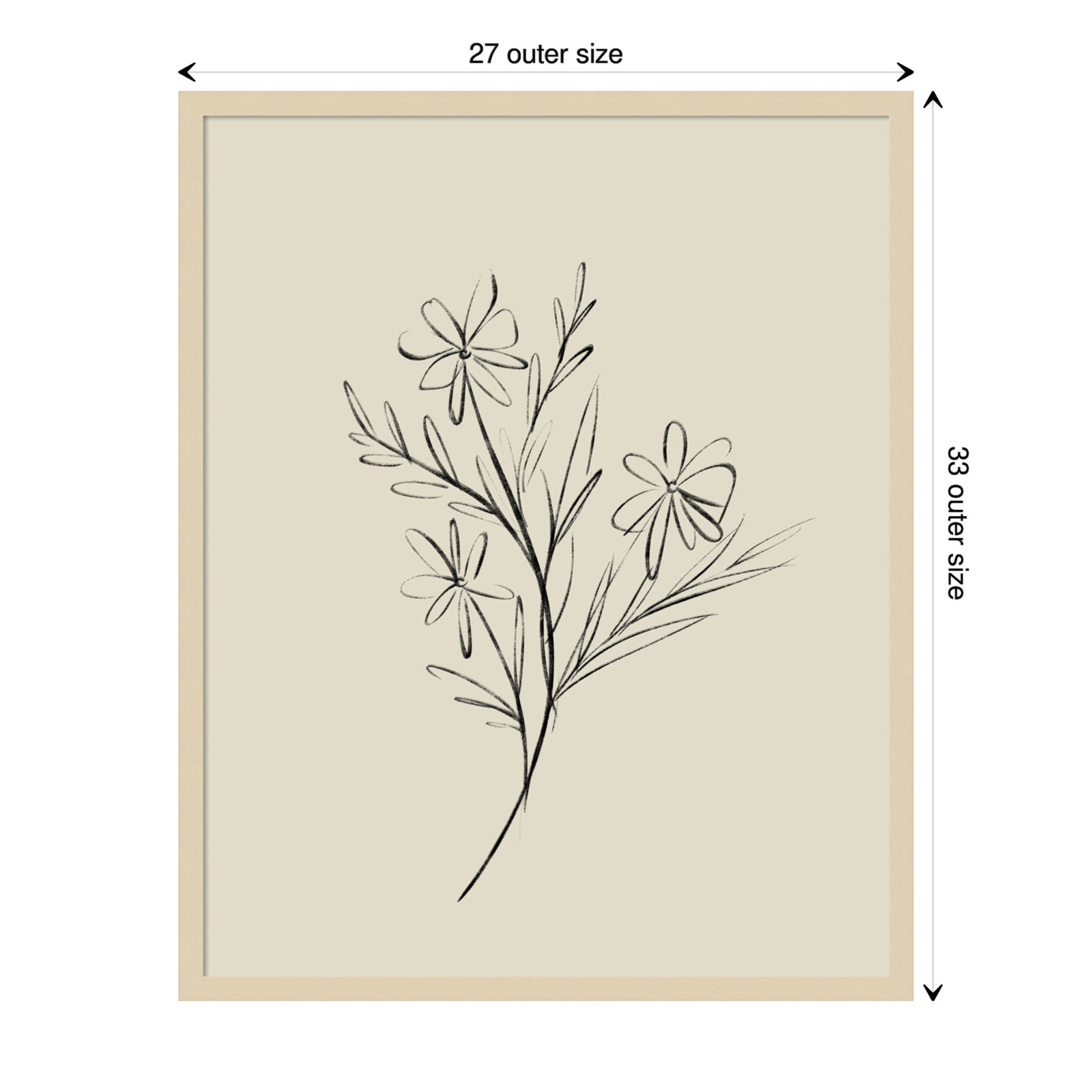 Line Drawn Flowers 1 Print, Brown Framed, 27" W x 33" H x 1" D