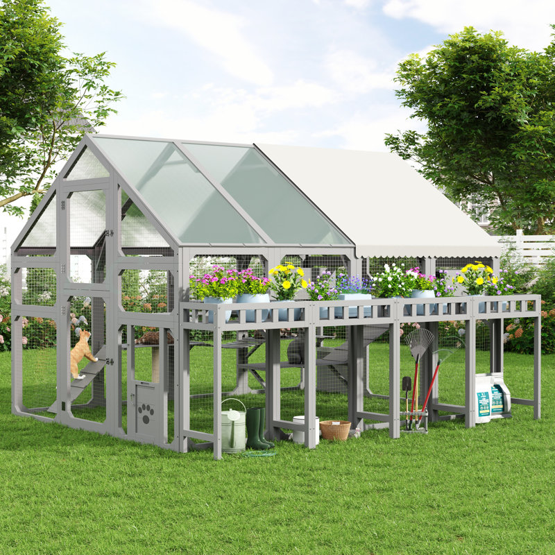 Grande maison pour chat d'extérieur avec support à fleurs, enclos à chat en bois avec boîtes de repos pour plusieurs chatons, pont suspendu, plateformes, cage Catio avec housse imperméable