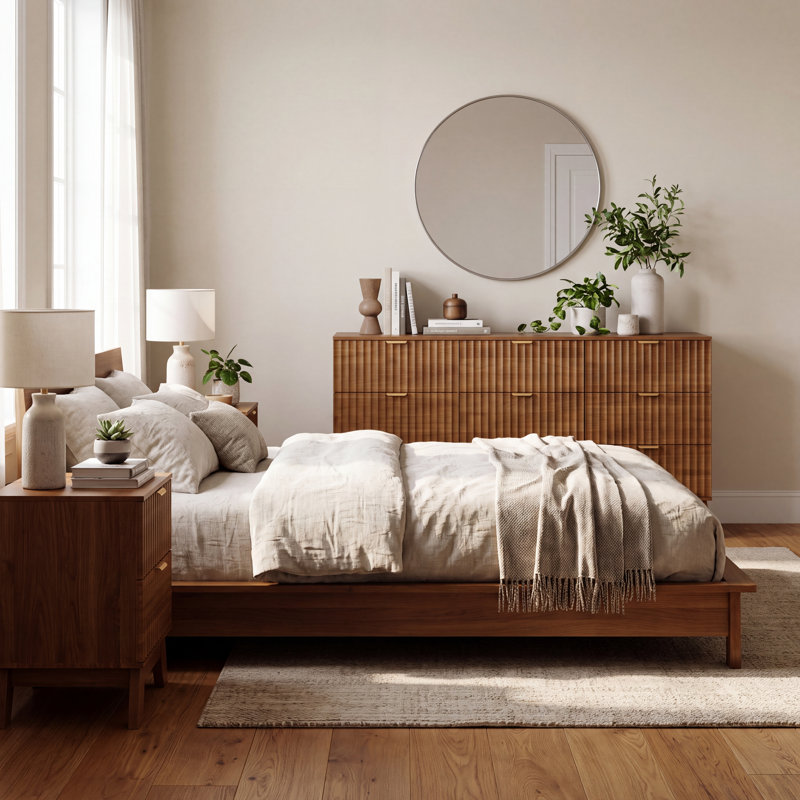 Ensemble de chambre à coucher 3 pièces, commode double cannelée à 9 tiroirs de 57 po de largeur et deux tables de chevet à 3 tiroirs