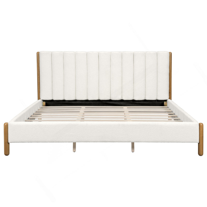 Structure de lit très grand avec tête de lit tapissier épaisse Boucle, pieds en bois, blanc