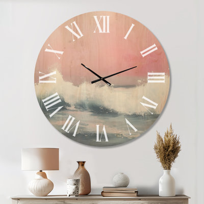Ciel rosé sur les vagues II - Horloge murale de plage, imprimée sur bois