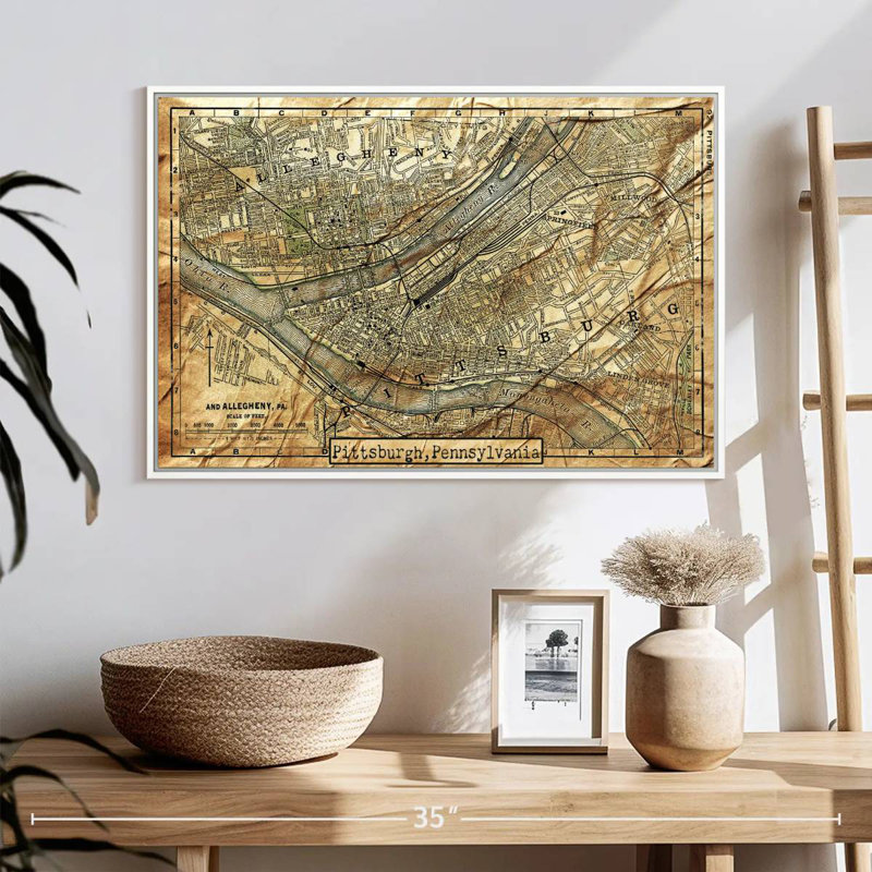 Carte rétro de la ville de Pittsburgh, Cadre flottant blanc, 25 po x 17 po