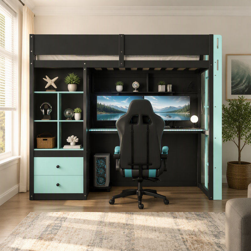 Lit mezzanine simple en bois massif avec bureau, armoire de rangement et garde-robe, lit mezzanine haut avec bande lumineuse à DEL avec contrôle intelligent APP, ports de charge USB