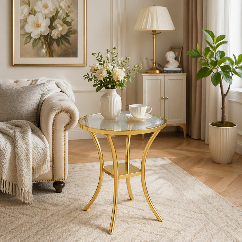 Table de bar en acier inoxydable avec plateau en verre trempé et base plaquée or