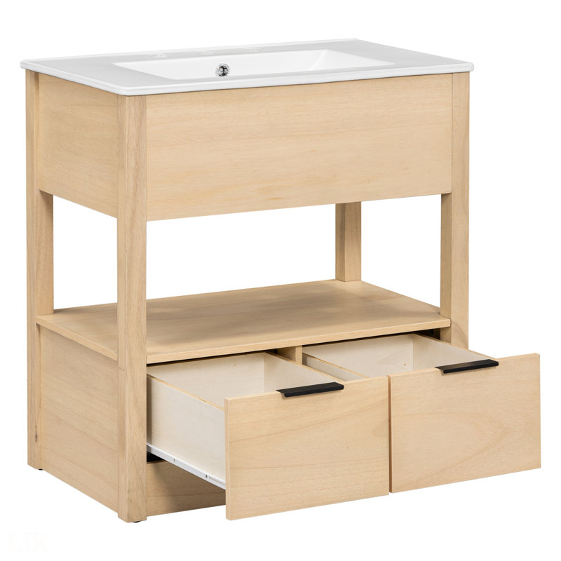 Meuble-lavabo 30 po avec comptoir, meuble-lavabo avec tablette de rangement ouverte et deux tiroirs, meuble-lavabo