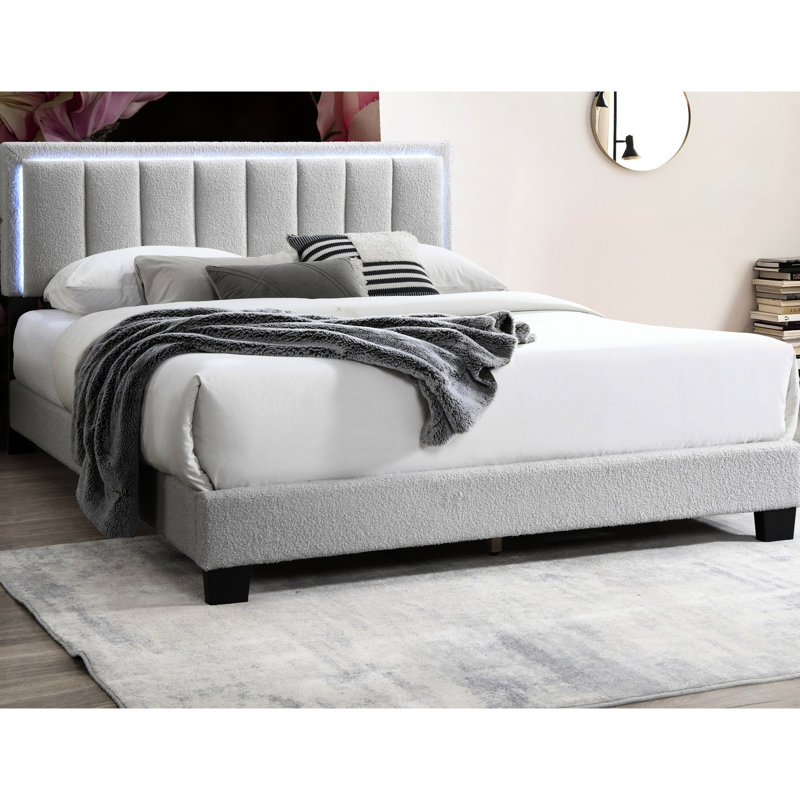 Gray Wool Upholstered Queen Bed With Appealing Tufting Headboard And Built Led, No Box Spring Fabric Bedframe Led, Light Gray