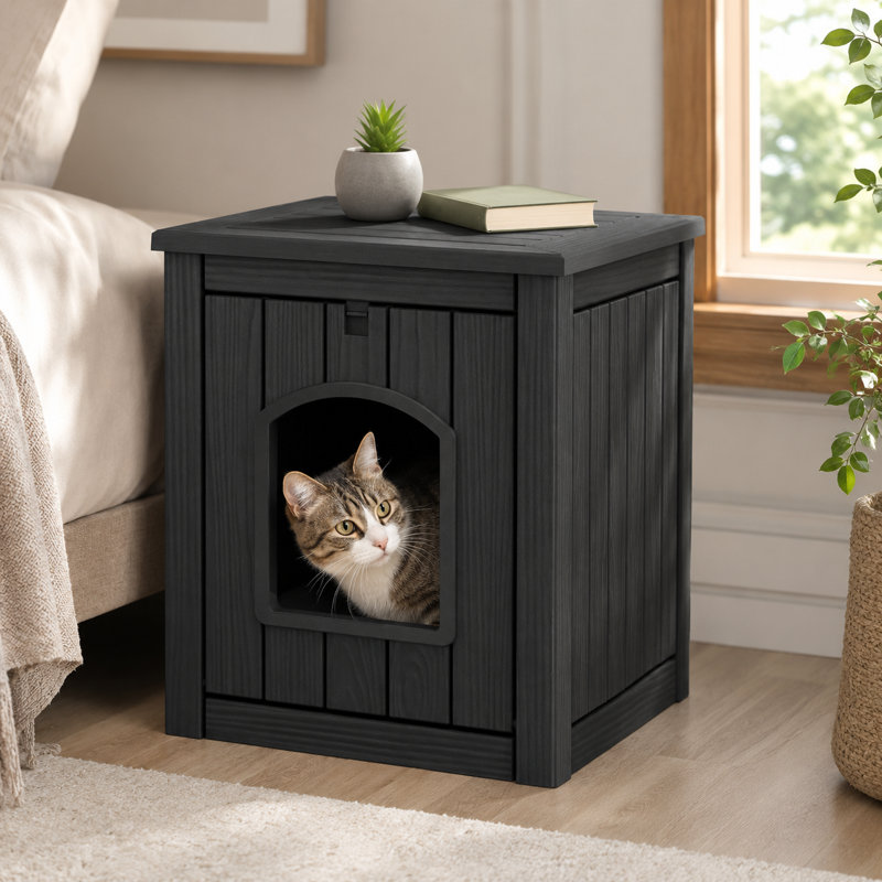 3-in-1 Resin Pet House: Hidden Litter Box Enclosure with Side Table, Black