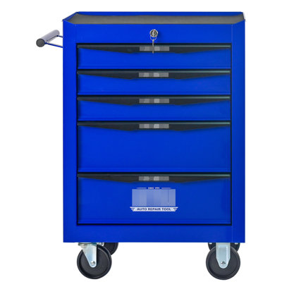 Rolling 5 - Drawer Tool Chest Cabinet, 20" Steel Storage, Bearing Slides, 4 Universal 2 With Parking Brake , Black & Blue Appealing Appearance Trolley In Blue, Chest, 15Kg Loading, Wheels Locking