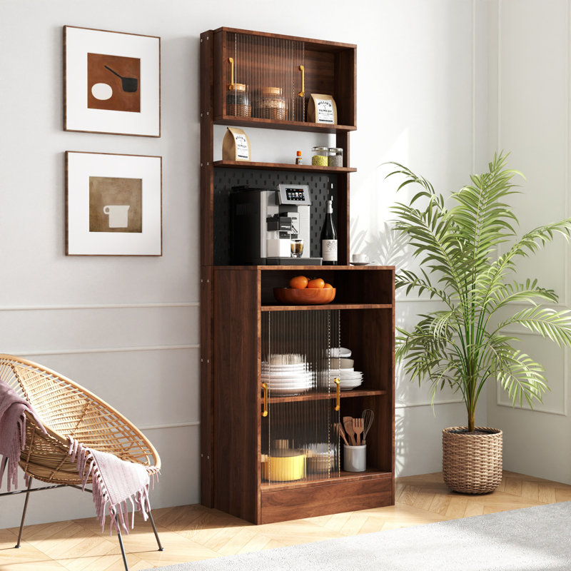 Buffet de cuisine avec 2 portes coulissantes en verre rayé, armoire de rangement autoportante pour bouteilles, vin, machine à café, four à micro-ondes, etc.