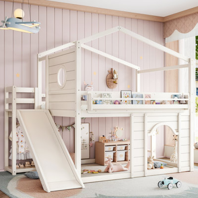 Lit mezzanine double en bois massif avec glissoire, bibliothèque et garde-robe intégré
