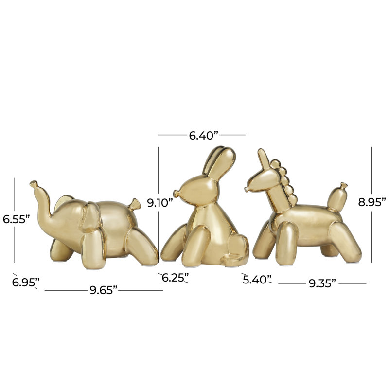 Ensemble de sculptures décoratives éléphant, lapin et licorne, Or