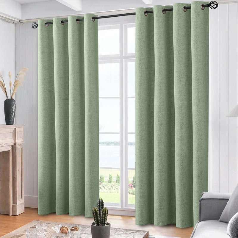 100% Blackout Linen Curtains,Room Darkening Grommet Drapes for Bedroom with White Liner, 52" W x 63" L, Light Sage Green