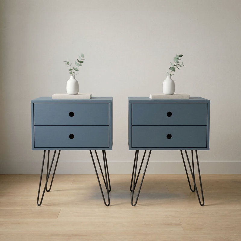 Pair of Irmtraud Premium 2 Drawer Bedside Tables - Set of 2 Stylish Pair of Nightstands, Blue