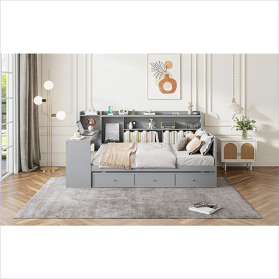 Sleek Silhouette Wooden Daybed Frame Small Space Bedroom Classic Gray Full Size With Storage And Desk