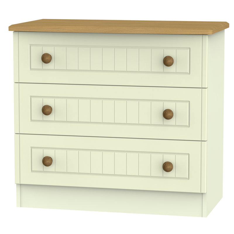 Fully Assembled Saxena 3 Drawer Chest, Cream with Oak Finishing