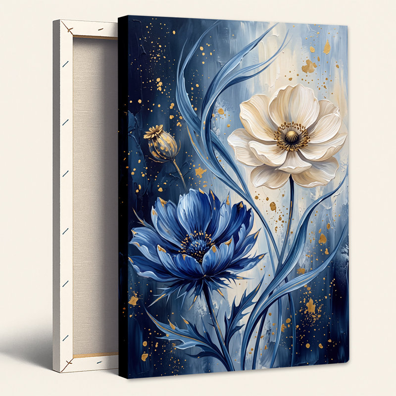 Art mural sur toile bleu et crème avec éclaboussures dorées, 24"H x 18"W