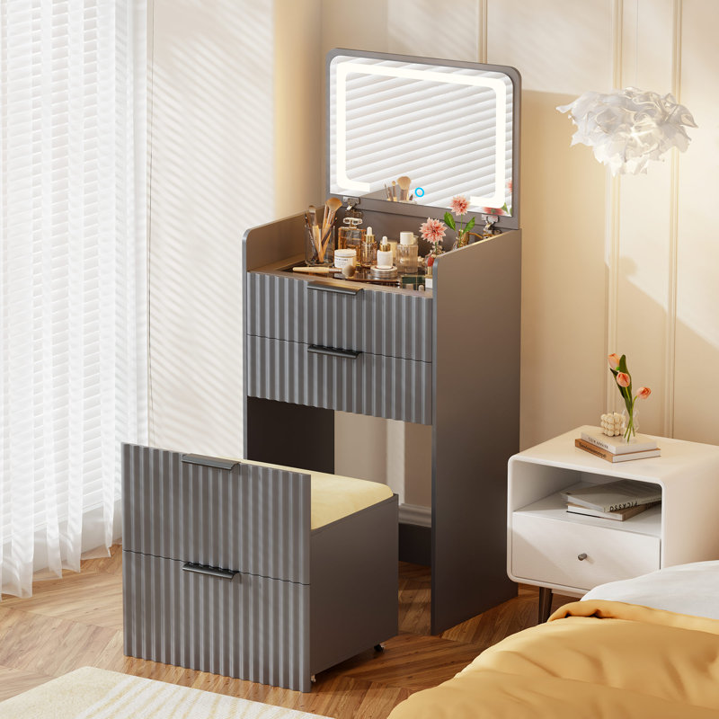 Morico Flip-Top Vanity Set with LED Mirror, Gray