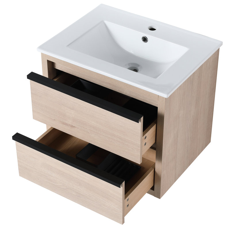 Modern Bathroom Vanity With 2 Soft Close Drawers & White Ceramic Sink - Wall Mounted Cabinet For Bva02524plo-G-Bl9060b W1286s00034 24" Storage And Basin