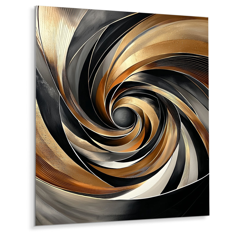 Vortex géométrique doré et noir I - art mural abstrait en métal, impression géométrique en métal, H 32 po x l 24 po