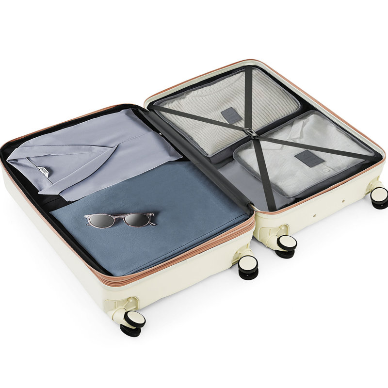 Ensemble de 4 valises, valise durable en ABS avec sac de voyage, porte-gobelet, valise rigide en ABS avec roulettes, Gold