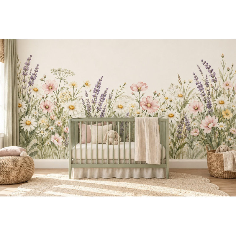 Lavender Wildflowers Wallpaper Mural, Peel and Stick Kids Room Wall Mural, Watercolor Flower Garden Nursery Wallpaper