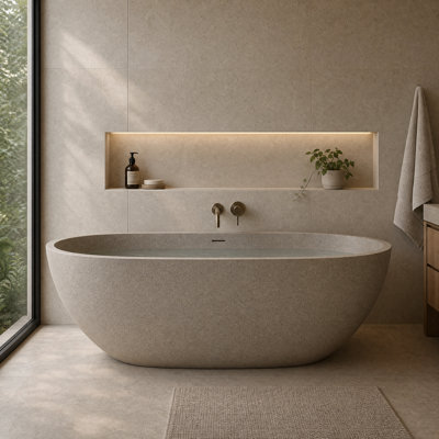 59" Freestanding Bathtub Resin Stone Soaking Bathtub Solid Surface Modern Tubs with Overflow and Pop-up Drain