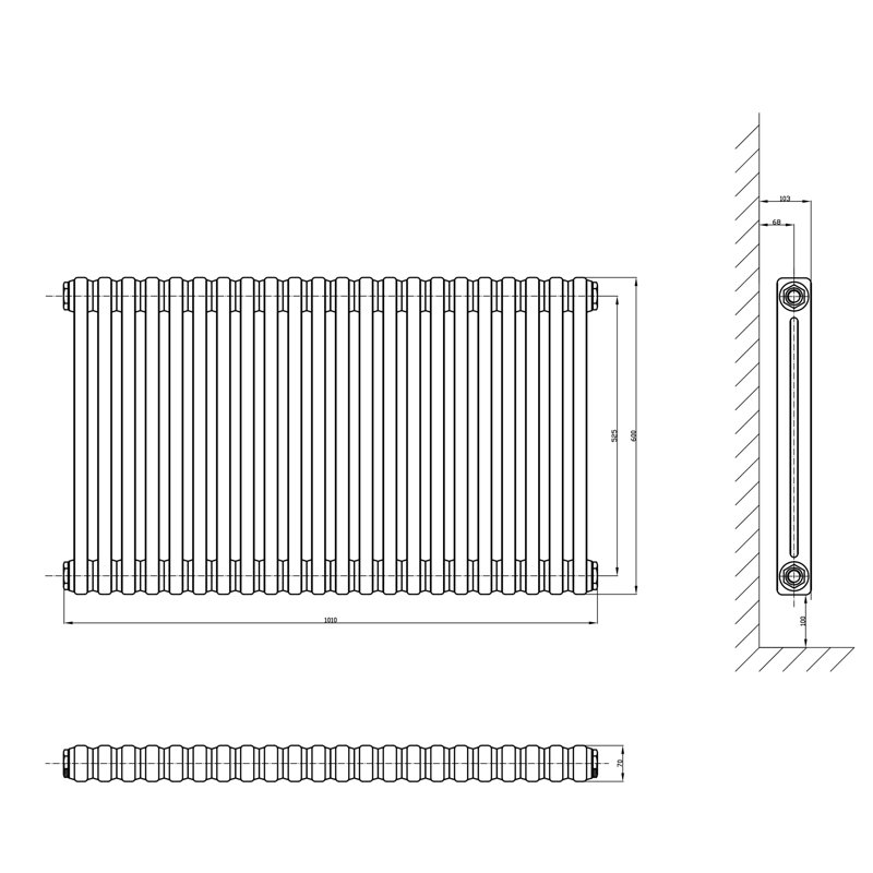 Uxbridge Horizontal Traditional Colosseum Radiator, Anthracite, 600mm H x 1010mm W x 70mm D