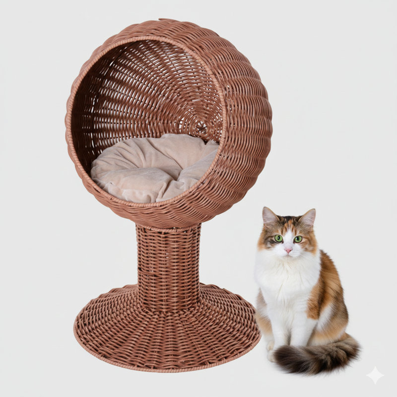Lit surélevé surélevé conçu comme une gousse rotative en forme d'œuf. Comprend un coussin épais pour plus de confort. Fabriqué en gazon naturel tressé ressemblant à une petite maison. Finition en brun.