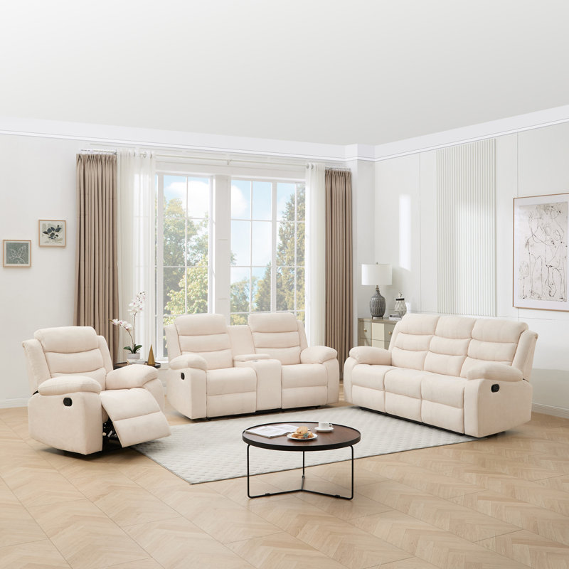 3 Piece Linen Reclining Living Room Set, 6 Seater, Beige