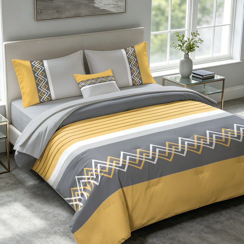 Ensemble d'édredon géométrique 6 pièces pour très grand lit, lit moderne à chevrons jaunes et gris dans un sac, literie en microfibre toutes saisons avec draps et taies décoratives