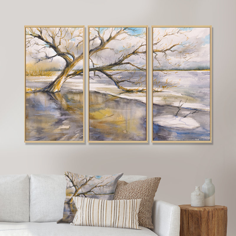 Arbre près de la rivière - Lake House, ensemble de 3 toiles encadrées, Brun, L 48 po x H 32 po x P 1 po