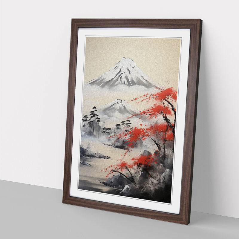Mount Fuji Gestural - Single Picture Frame Print on Wood, 34cm H x 25cm W x 2cm D, Walnut Framed