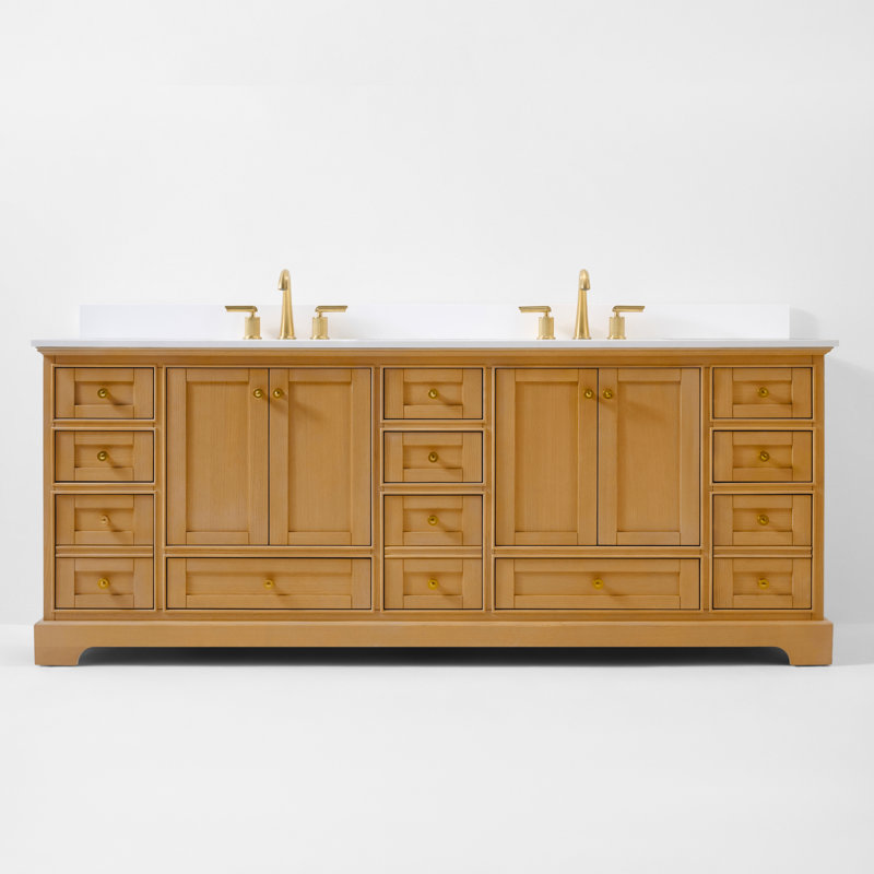 Audrey 84'' Free Standing Double Bathroom Vanity with Calacatta Quartz Top, Rose Gold, Sienna