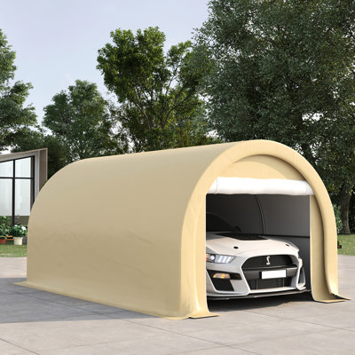 Tente de garage portative 10 pi x 16 pi - Structure en acier galvanisé, housse en PE, auvent carport beige, grande porte à fermeture à glissière, acier stable