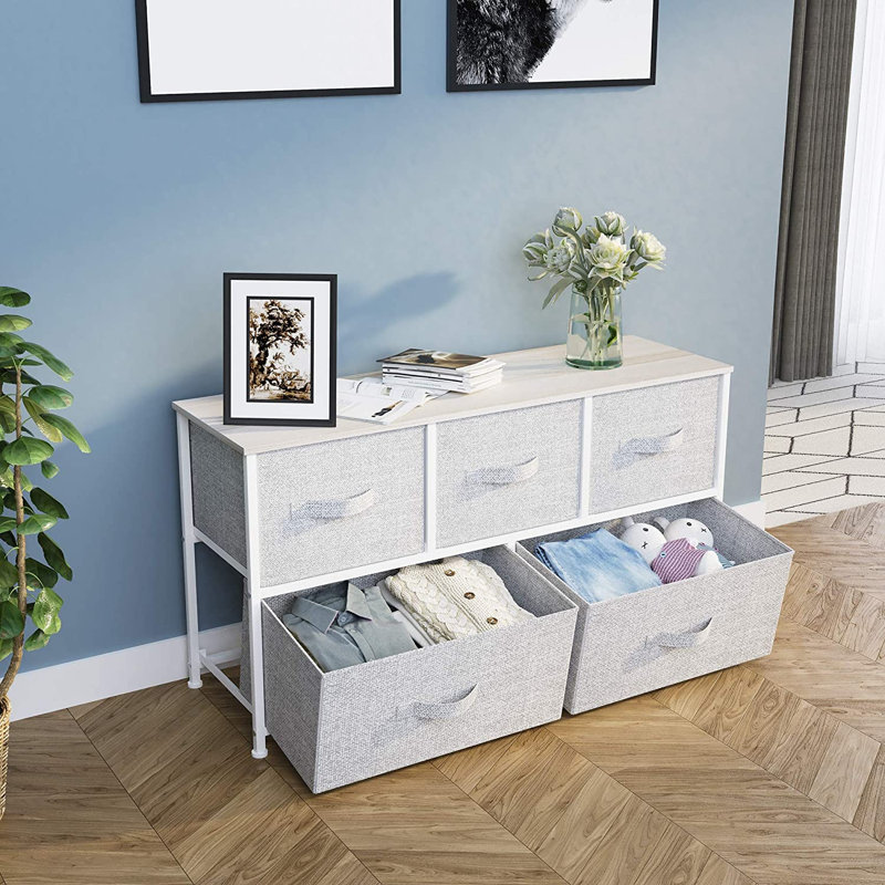 Commode de rangement avec 5 tiroirs de 2 tailles différentes, Gris clair