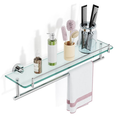 20 Inch Floating Tempered Glass Bathroom Shelf with Towel Bar