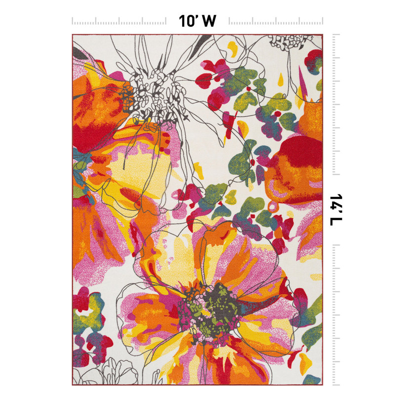 Florentia Floral Tufted Orange/Pink/Ivory Non-Slip Rubberback Area Rug, Rectangle 10' x 14'