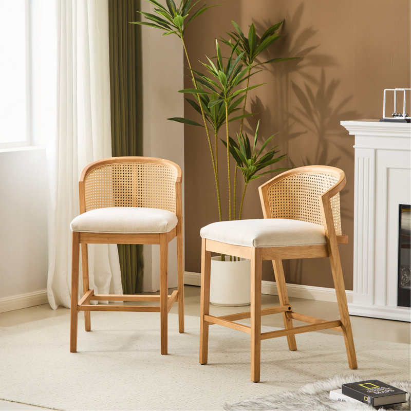 Tabouret de comptoir d'intérieur en bois, structure de finition naturelle avec revêtement beige, ensemble de 2