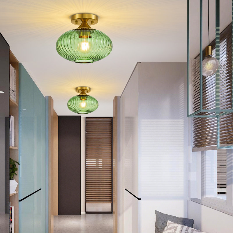 Vintage Green Ribbed Glass Flush Mount Ceiling Light - Gold Finish, E26 Compatible For Entryway, Hallway, Bedroom & Living Room