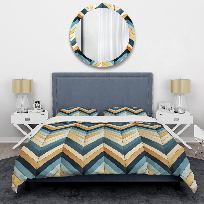 Beige Chevron Mosaic Fusion Box Stitch Chevron / Zig Zag Duvet Cover, King Duvet Cover + 2 King Shams