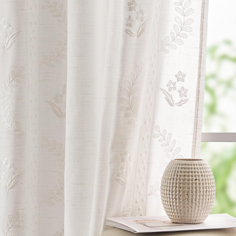 Linen Blend Embroidered Curtains Farmhouse Flower Patterned Curtains for Bedroom, 50" W x 84" L, White