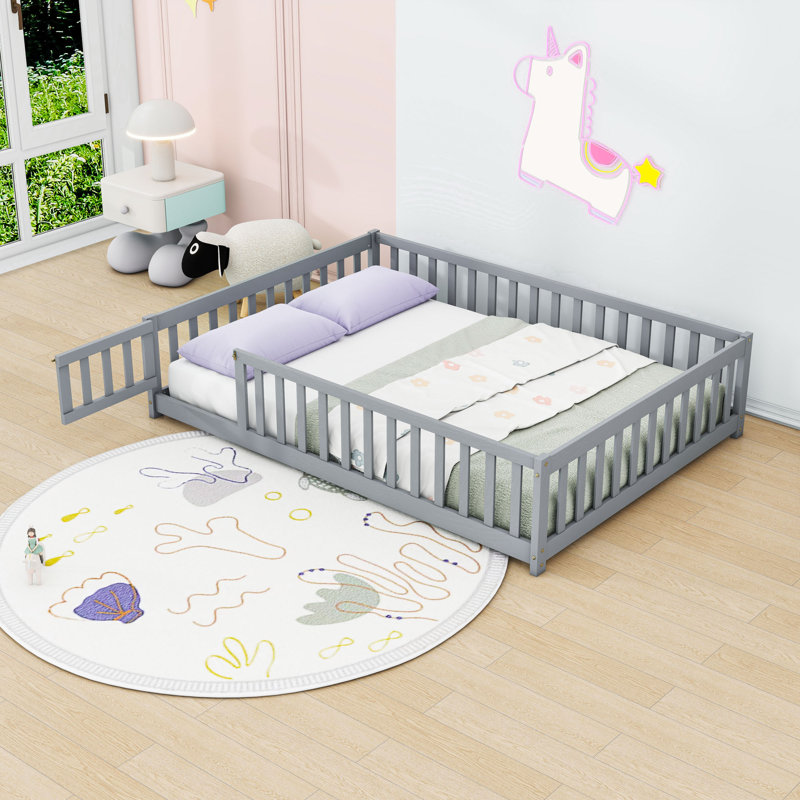 Lit bas en bois avec clôture et porte, Double, Gris