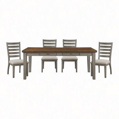 5Pc Dining Set Drawers Table And 4X Side Chairs Ladder Back Design Wooden Furniture