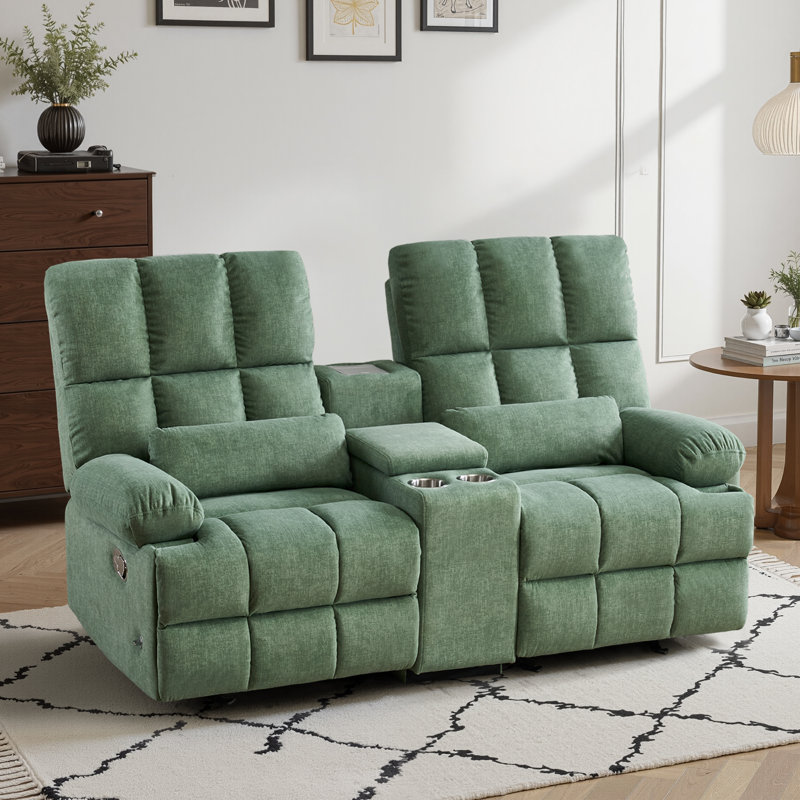 Manual Rocker Reclining Loveseat With Center Console, Plush Cat-proof Fleece Upholstery, Hidden Storage & Charging Ports