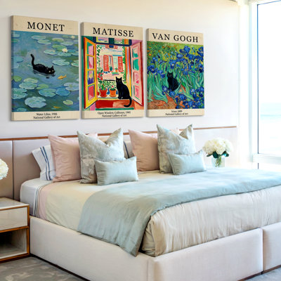 3 pièces d'art mural fantaisiste inspiré d'un chat avec des styles de peinture emblématiques, trois pièces d'art mural pour le salon, la chambre à coucher, le bureau et la décoration intérieure