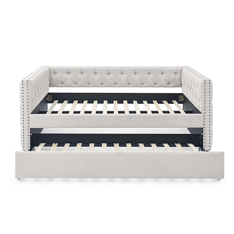 Lit de jour avec couchette rembourrée capitonnée, avec bouton et clou en cuivre, lit de jour double et gigogne simple, Beige