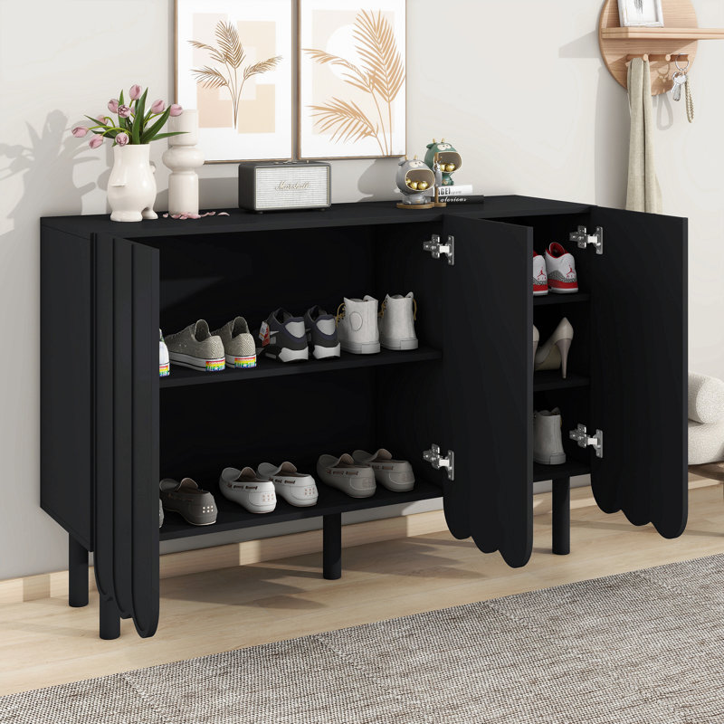 Armoire à chaussures style minimaliste avec 5 pieds en bois massif, armoire buffet avec tablettes réglables, grande armoire de rangement avec portes ondulées pour le salon