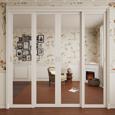 96" x 96" H Primed 4 Panels Mirrored Sliding Closet Doors with Hardware & Handles for Room Divider 