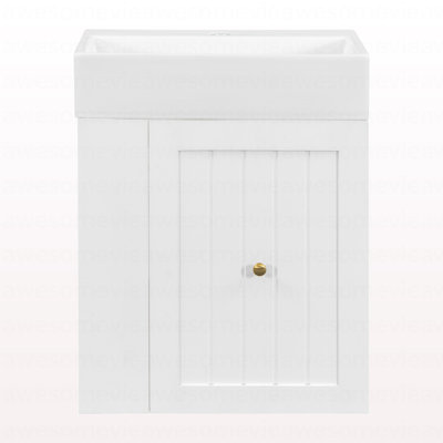Meuble-lavabo de 20 pouces avec lavabo en céramique, armoire de rangement en panneau de fibres à densité moyenne avec tiroir, tablette latérale et poignée dorée - meuble-lavabo moderne pour les petites salles de bain